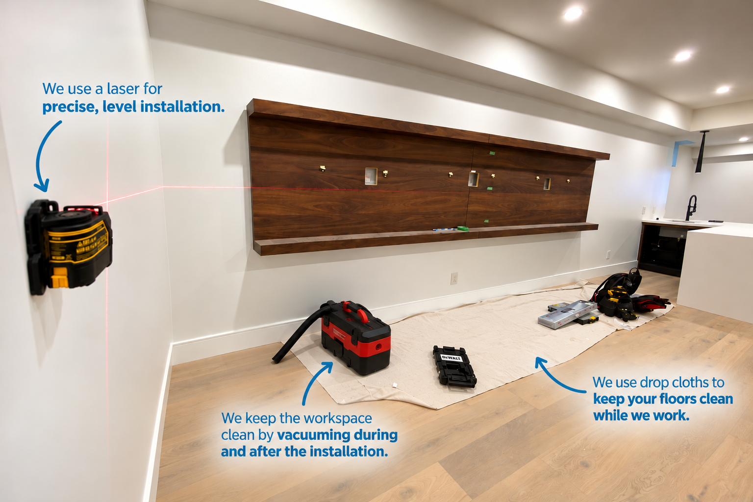 Installation work area showing laser leveling, vacuuming, and drop cloths protecting customer floors